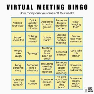 funny virtual meeting bingo card with relatable corporate situations