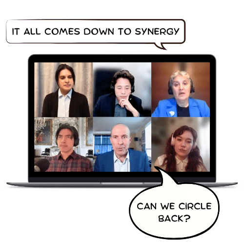 A virtual meeting filled with workplace jargon