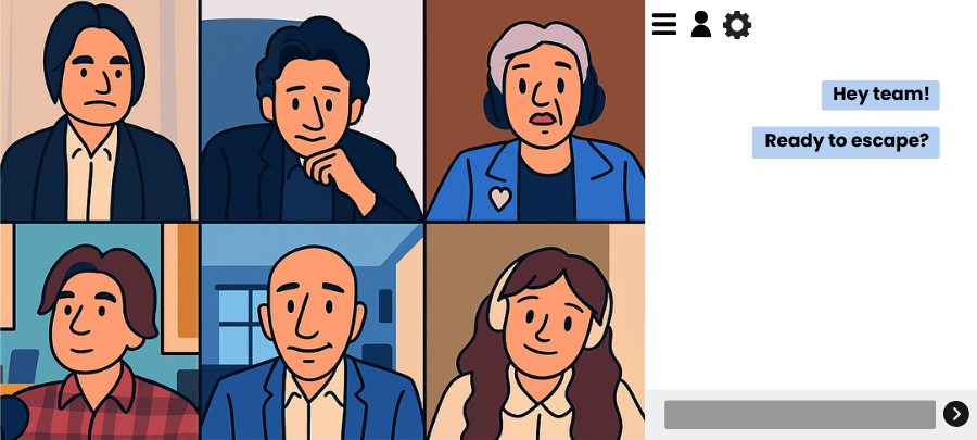 Escape From The Meeting game screen with six coworkers and team chat